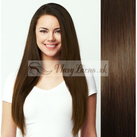 Stredne hnedé vlasy na predĺženie - Clip-in set, 8 ks, 50 cm (004)