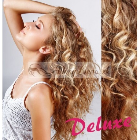 DELUXE melirovane (prírodná / svetlejšia blond) CLIP IN vlasy, kučeravé - 50-53 cm