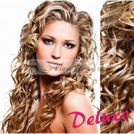 DELUXE melirovane (platina / svetlo hnedá) CLIP IN vlasy, kučeravé - 50-53 cm